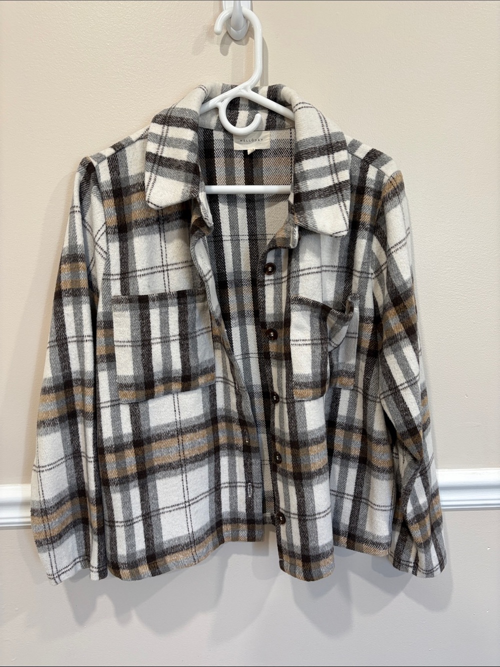MELLODAY Plaid Flannel Shacket in White, Gray & Brown